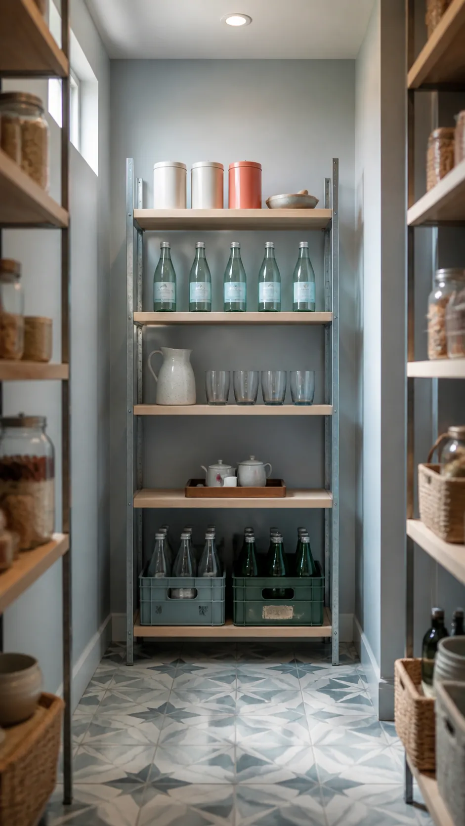 Back wall beverage storage in a long narrow walk in pantry