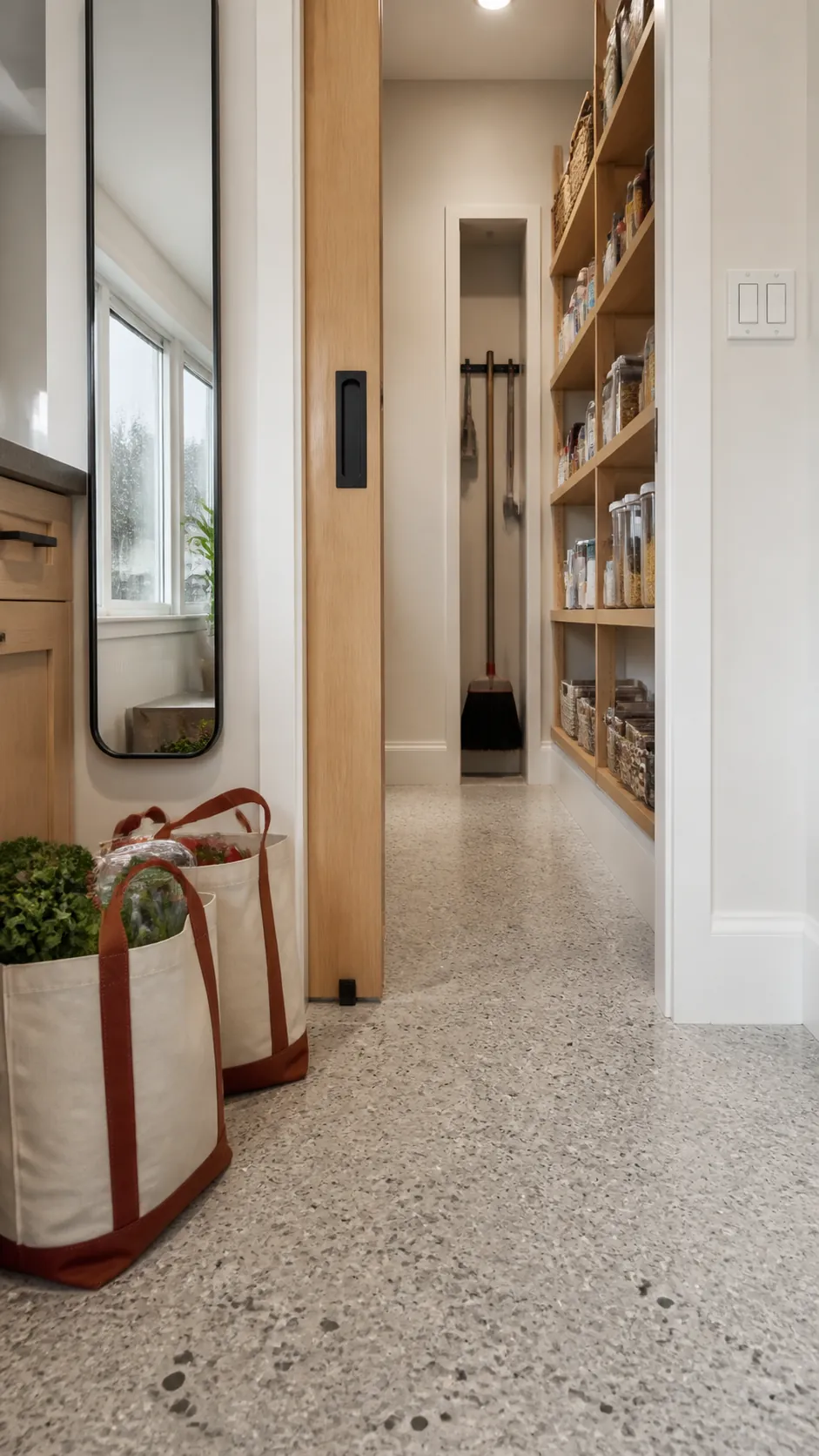 Clear pantry doorway and durable floor designed for easy daily movement