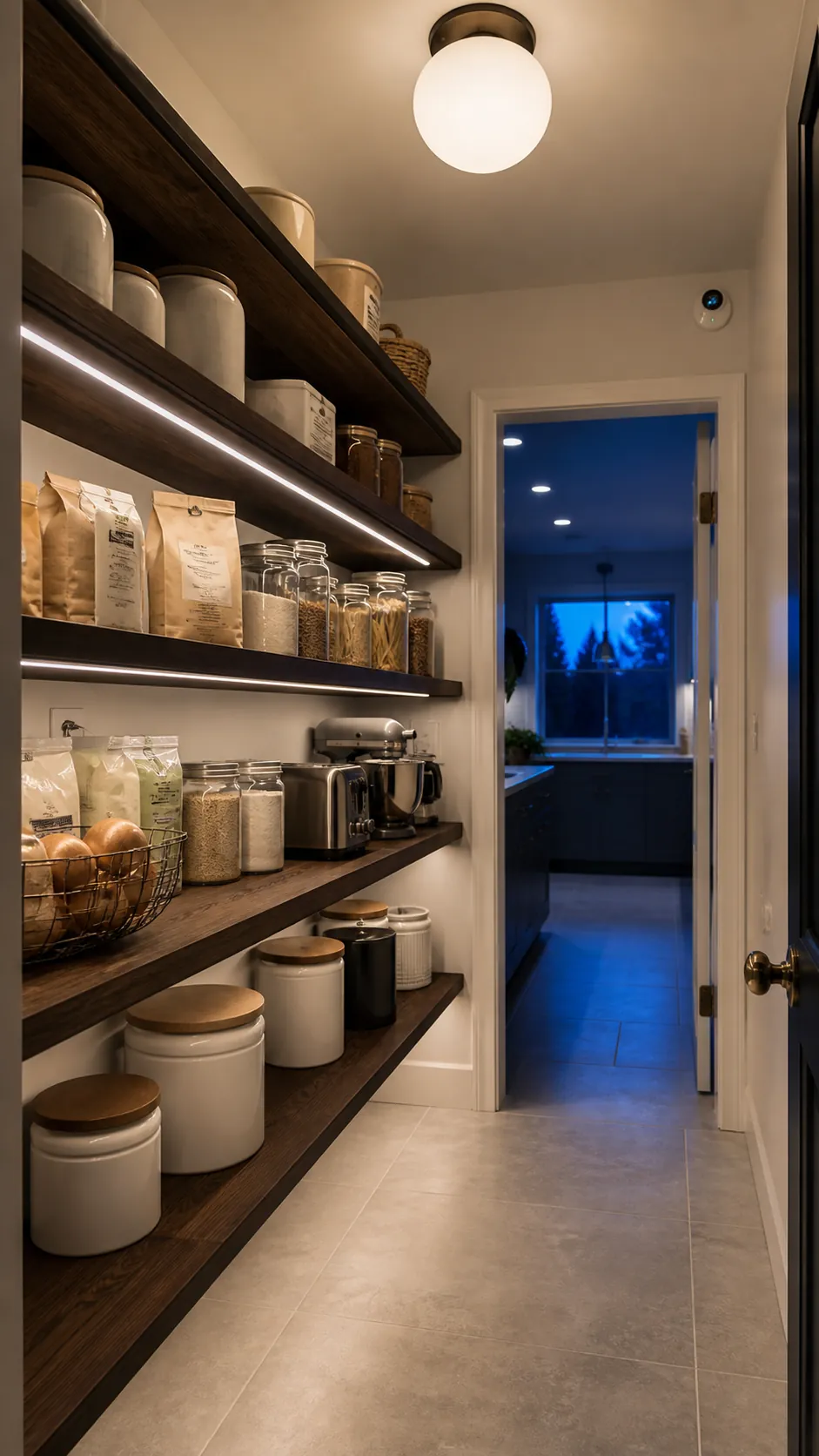 Layered ceiling and shelf lighting illuminating a narrow pantry aisle