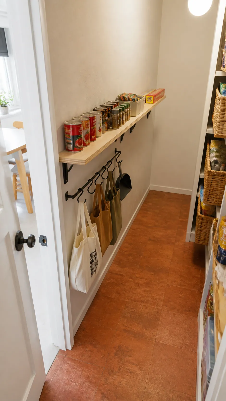 Slim opposite wall shelf preserving circulation in a small walk in pantry