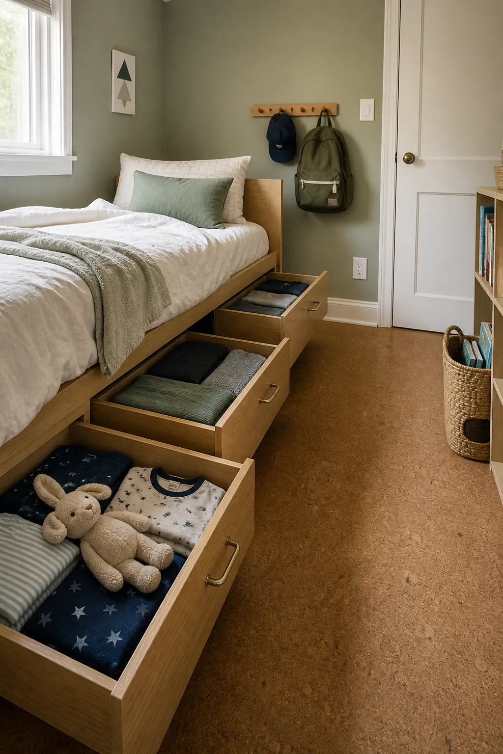 Child friendly storage drawers beneath a bed in a very small bedroom