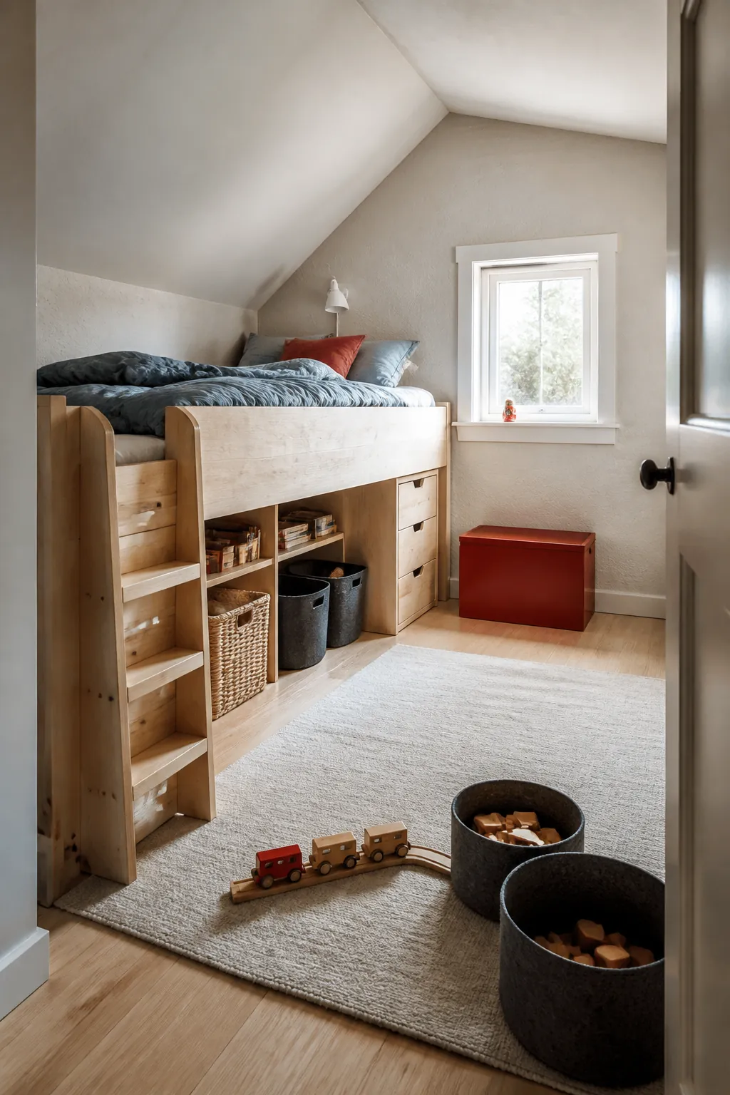Low loft bed above a compact play zone in a small kids bedroom
