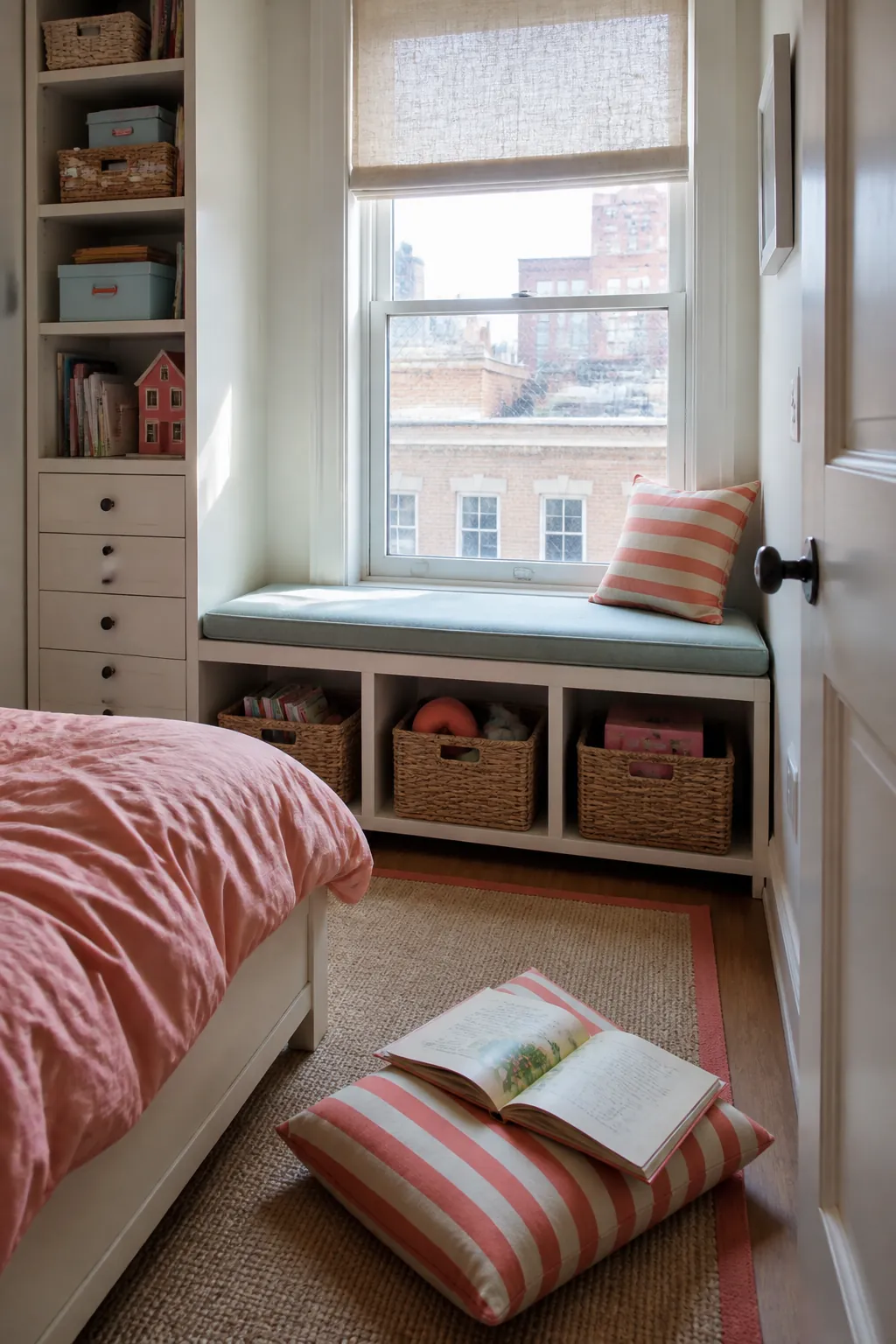 Storage window seat and reading nook in a compact children room