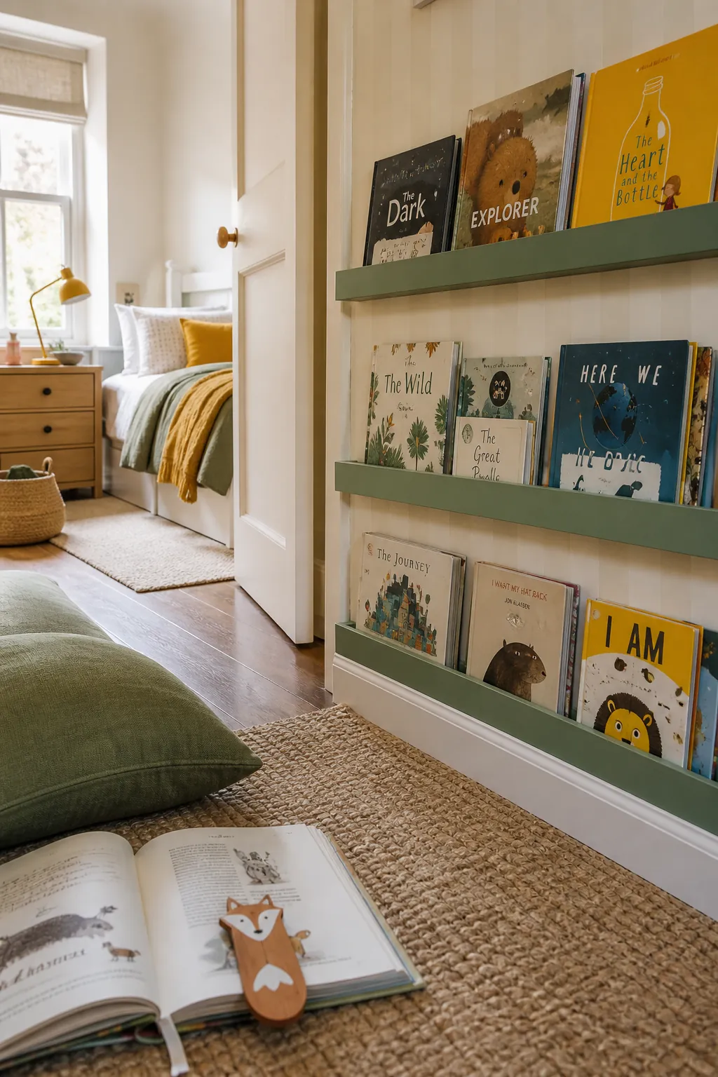 Front facing book ledges in a tiny toddler room reading corner