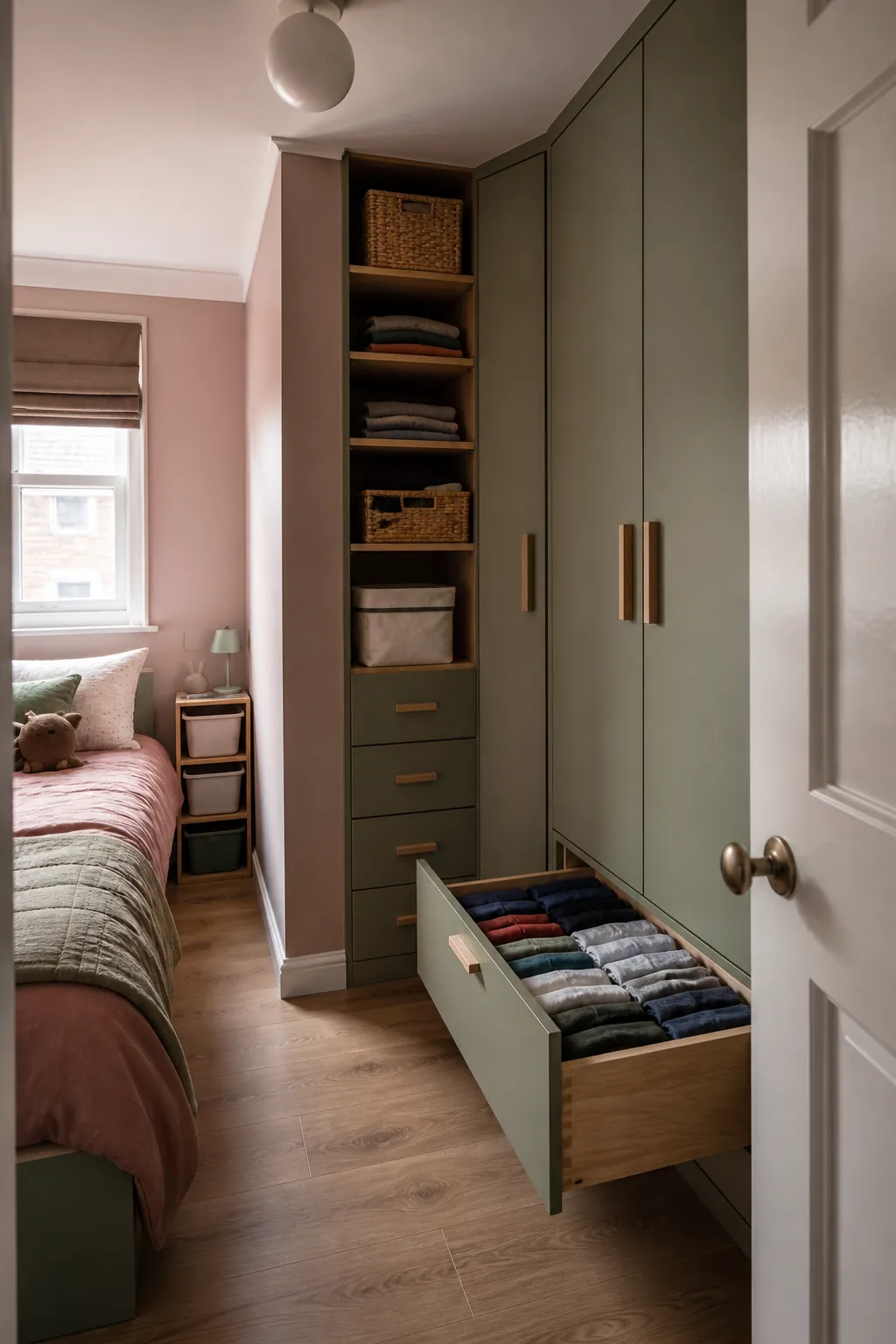 Efficient corner wardrobe layout for small children room ideas