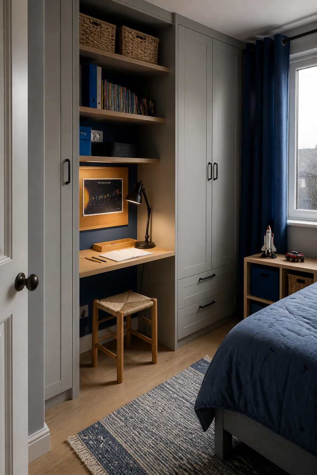Compact study desk fitted between wardrobes in a kids bedroom