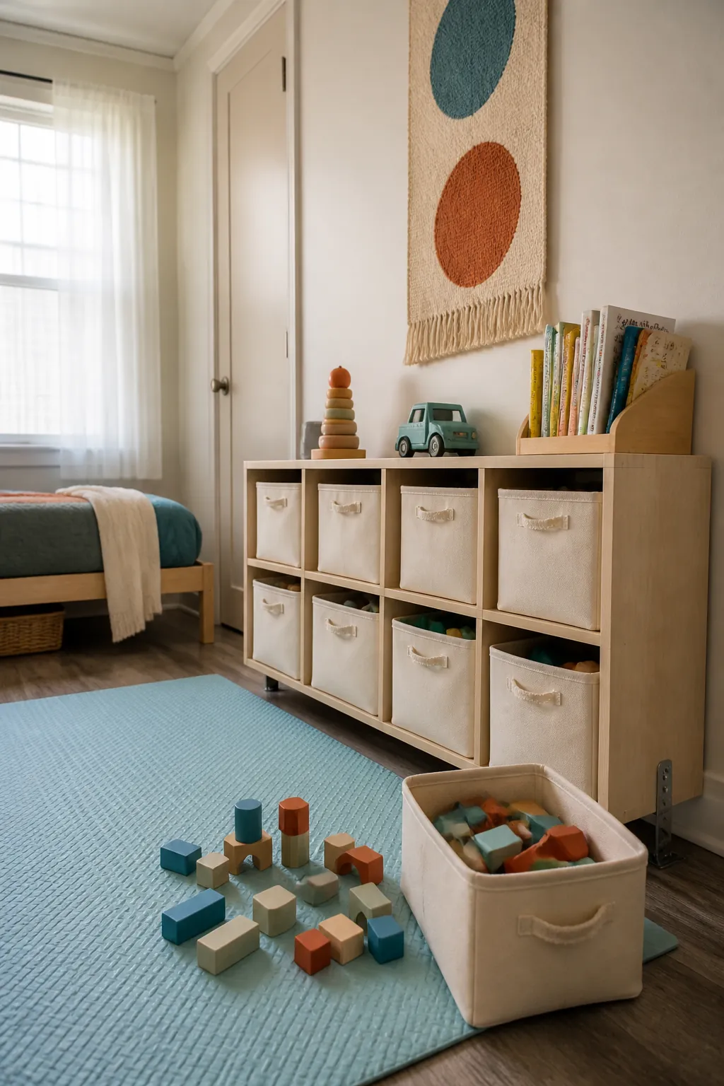 Low cube baskets organizing toys in a small kids bedroom