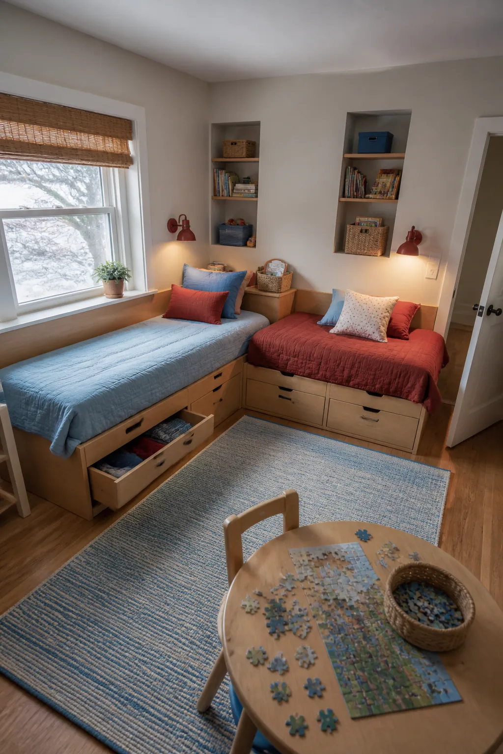 L shaped twin beds preserving floor space in a shared kids room
