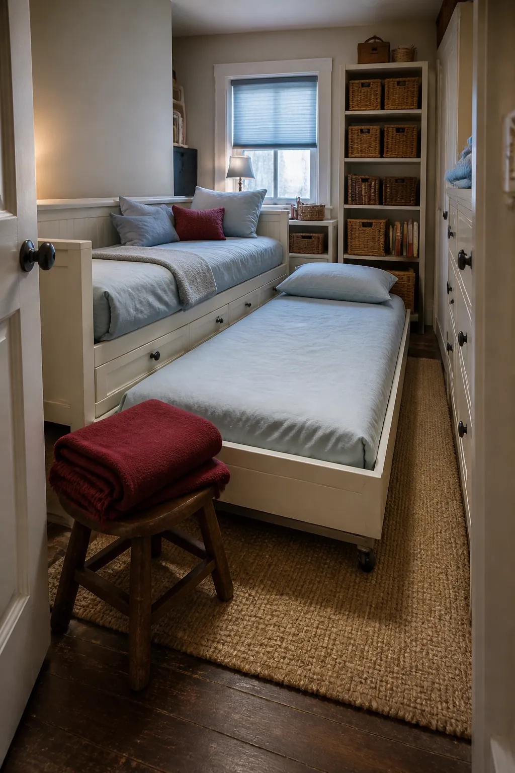 Trundle daybed opened for two children in a small bedroom