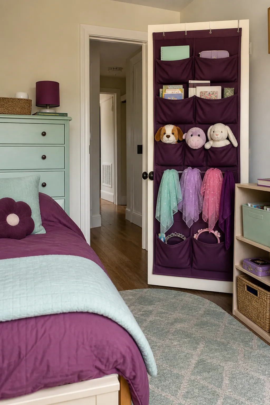 Safe lightweight storage pockets on a kids bedroom door