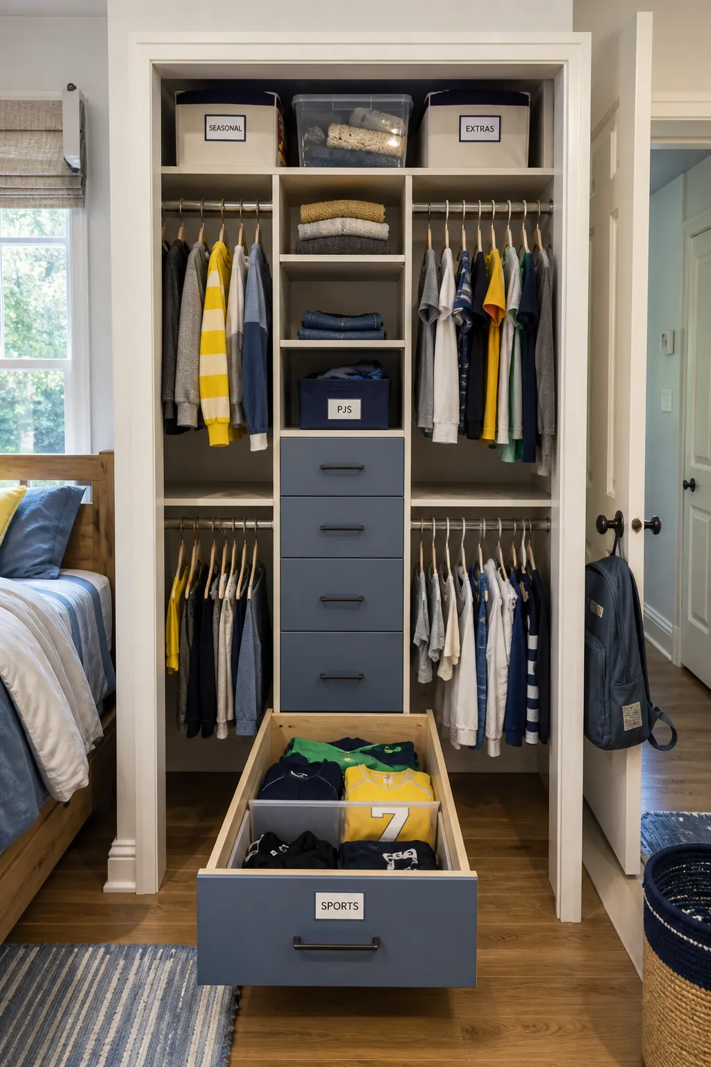 Layered kids closet with double rails drawers and labeled storage