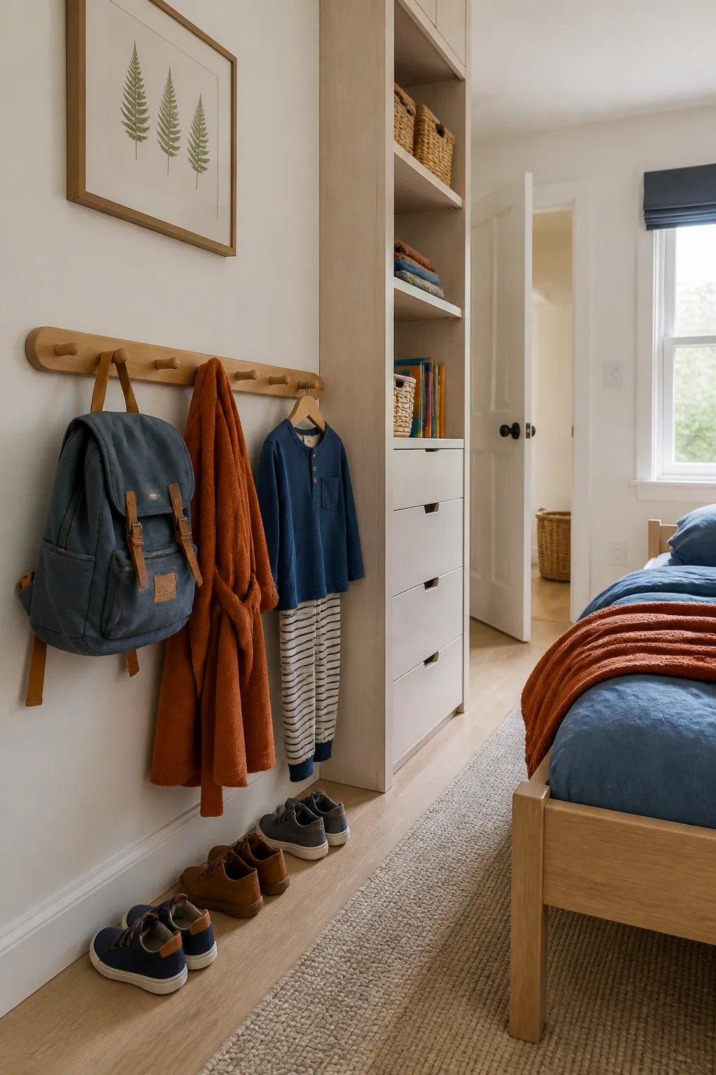 Child height peg rail organizing clothes and backpack in a tiny room