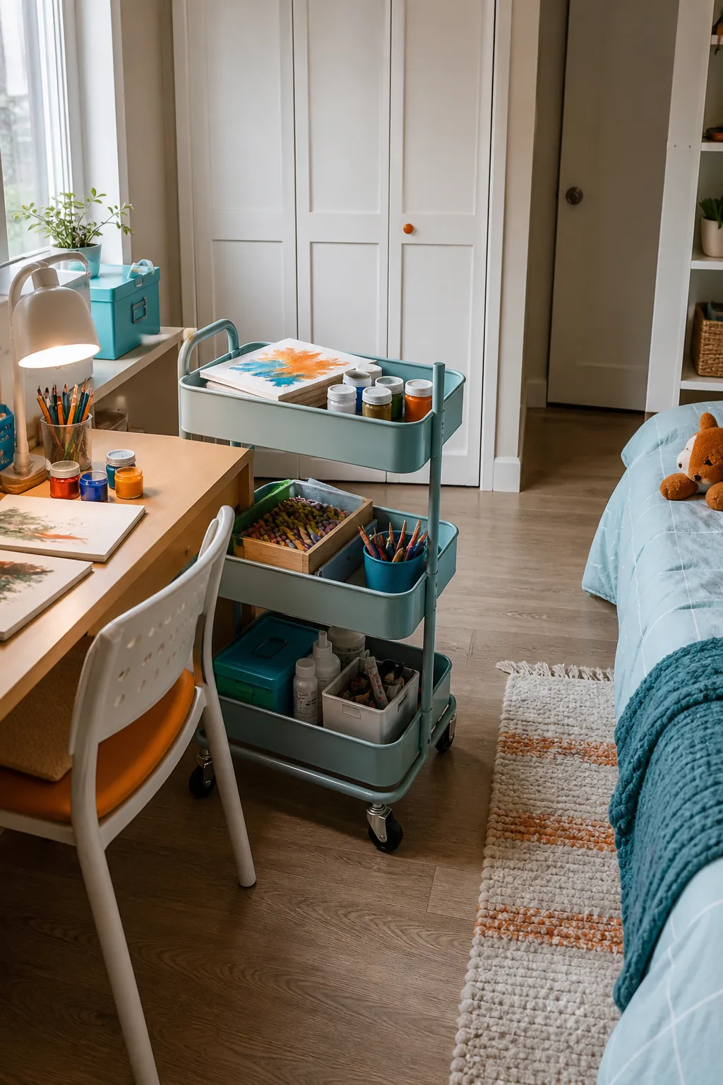Slim rolling art cart beside a compact kids study desk