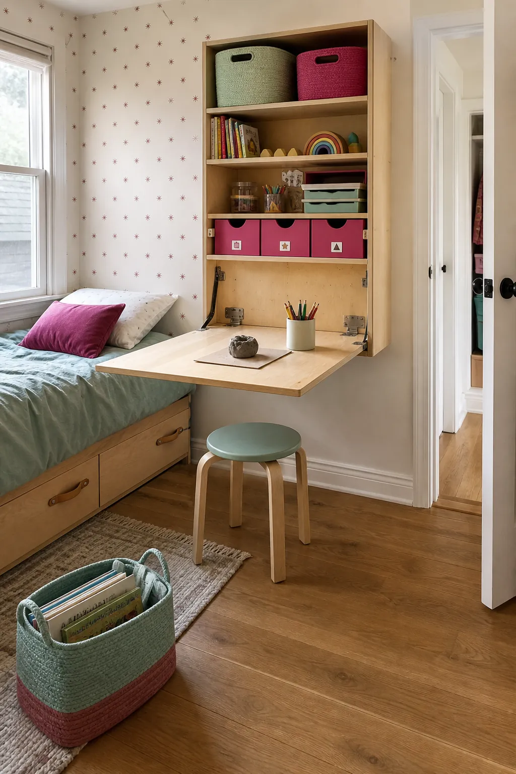 Fold down activity table open in a compact childs bedroom