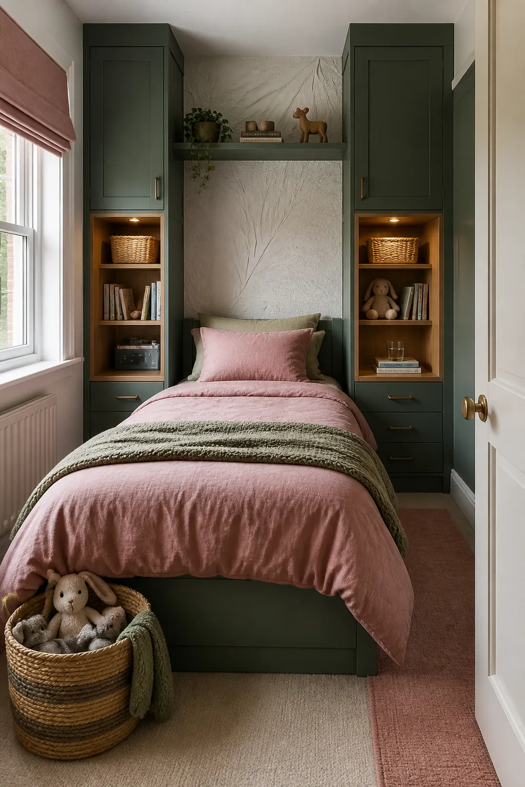 Shallow built in cabinets framing a bed in a small kids room