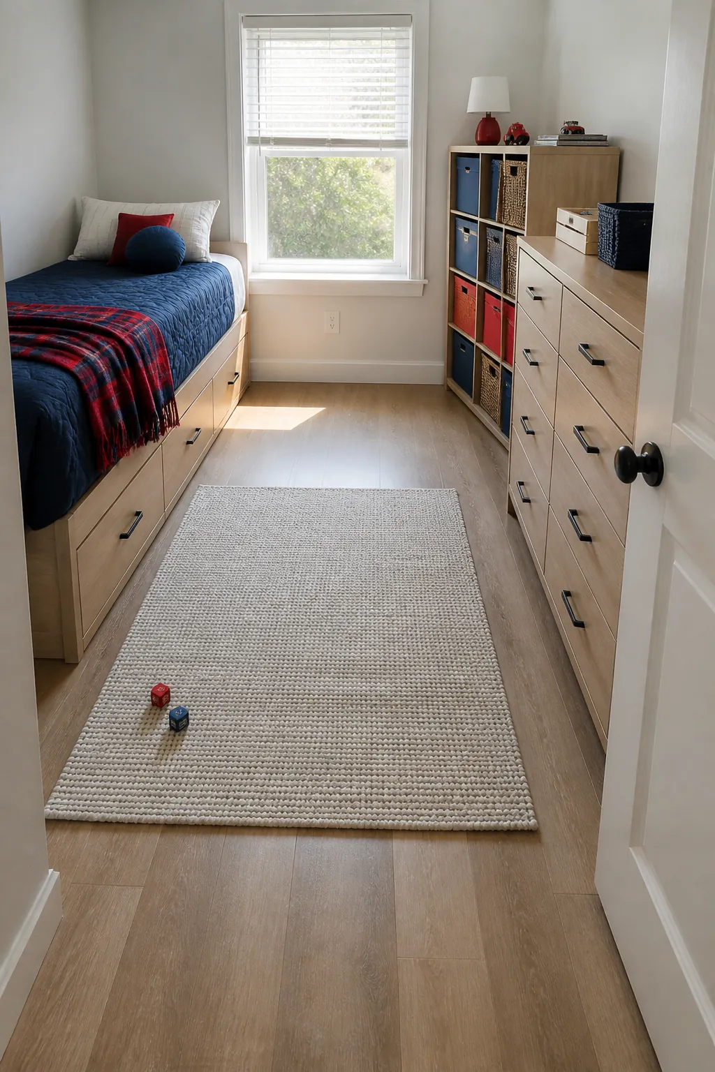Open central play floor in a very small kids bedroom layout