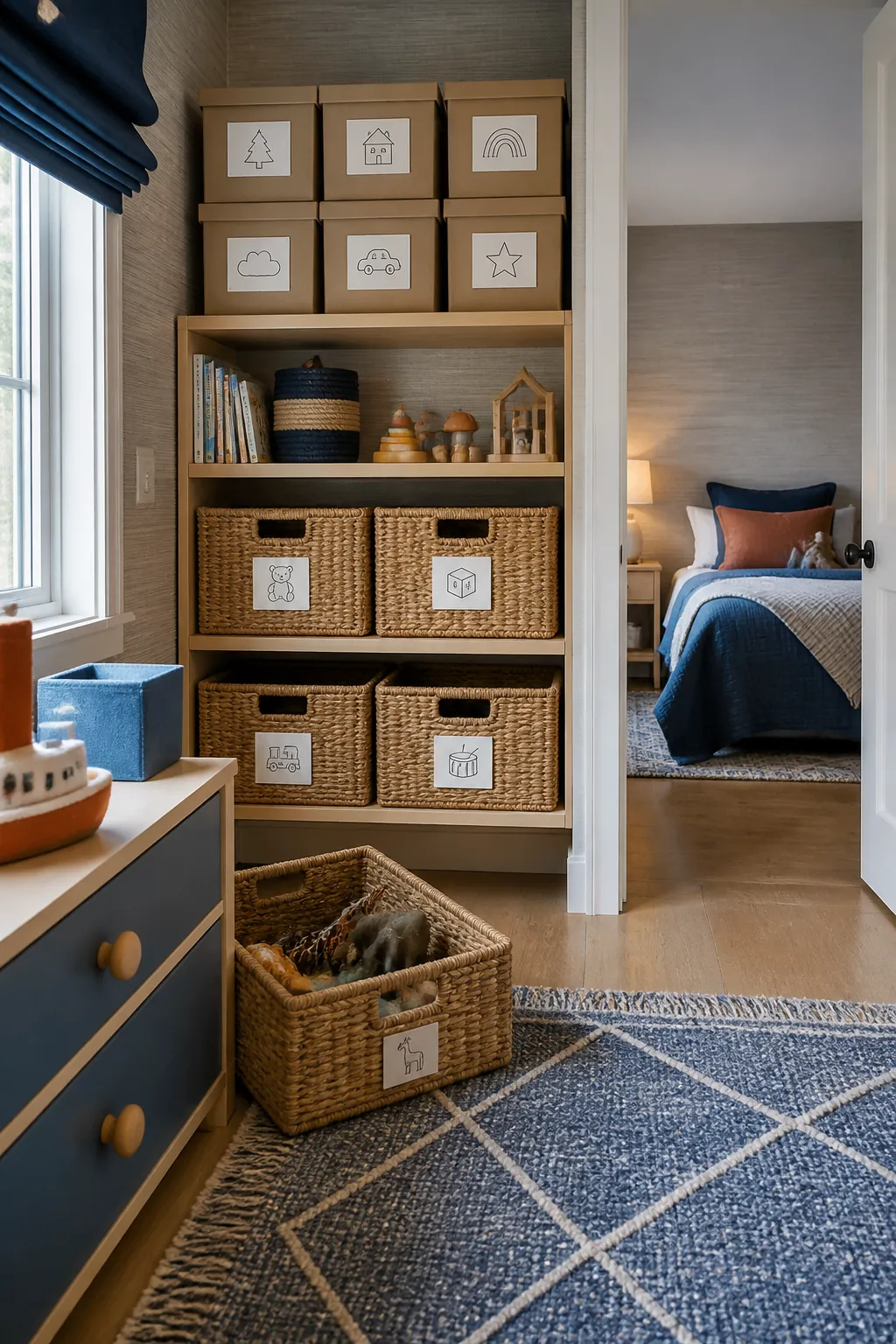 Simple toy rotation baskets in an organized small kids room
