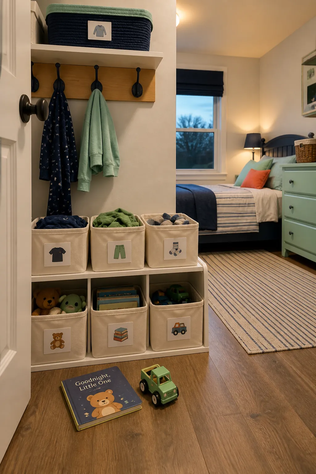 Child friendly labeled storage prepared for a quick bedroom cleanup