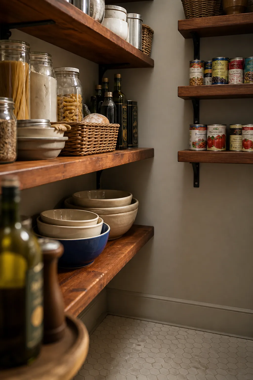 Walk in pantry shelves ending before the corner for easy access