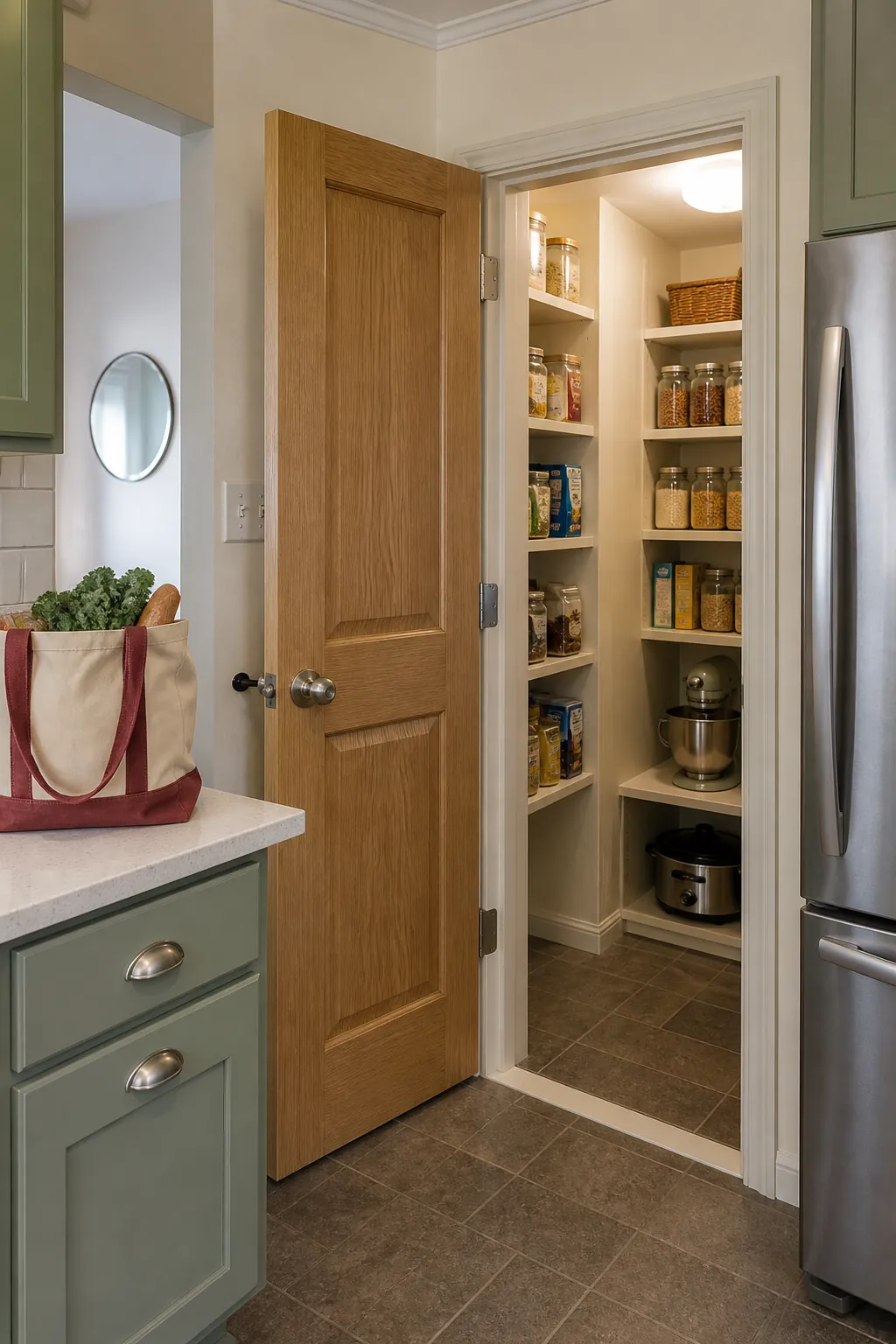 Corner walk in pantry with an outward opening door and accessible shelves