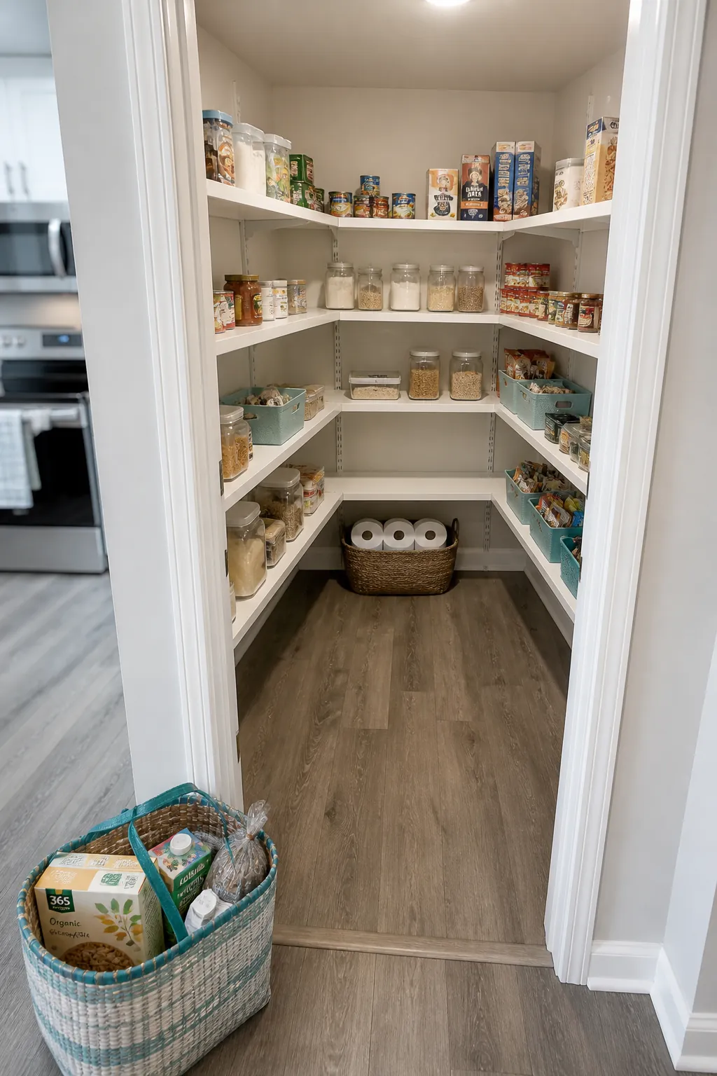 Corner pantry layout with shallow shelves and a generous standing zone
