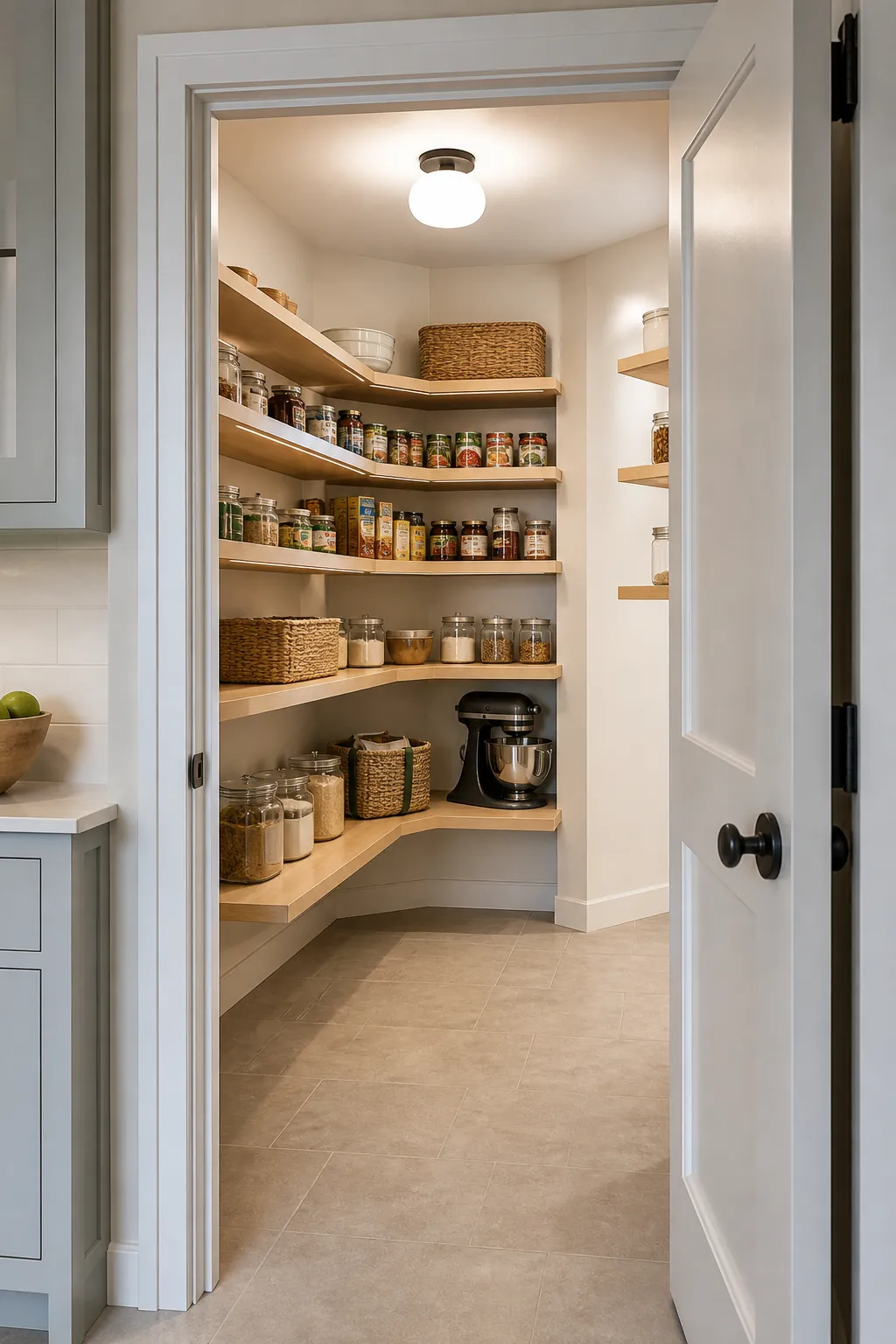 Practical corner walk in pantry with accessible wraparound shelving