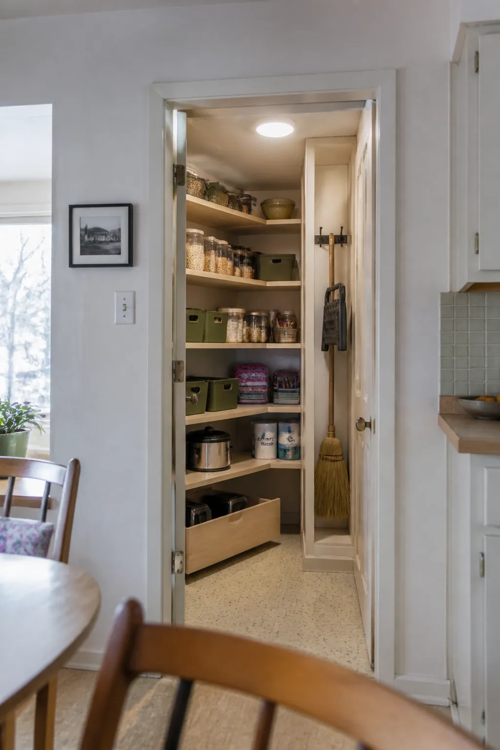 Finished corner pantry with accessible food storage and open floor space