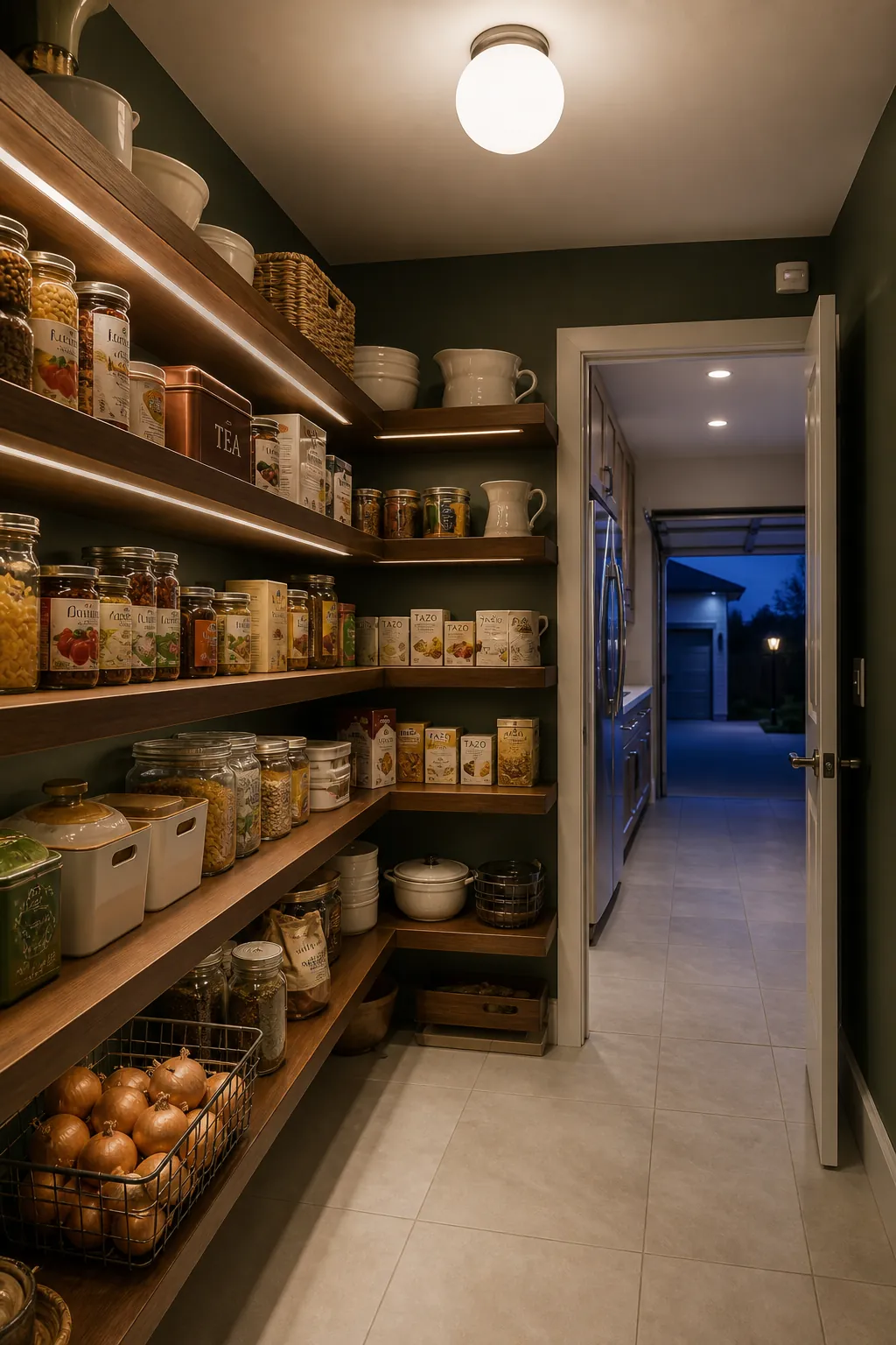 Shelf lighting illuminating the turn inside a small corner pantry