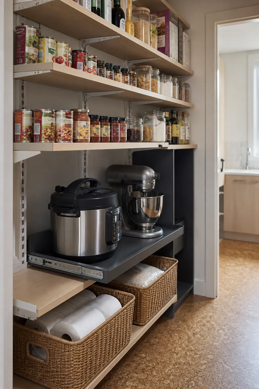 Corner pantry shelves sized for cans jars baskets and appliances