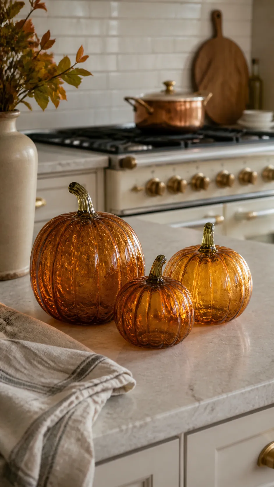 Amber glass pumpkins arranged on a Halloween kitchen counter