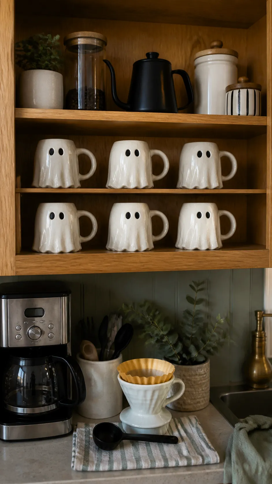 White ghost mugs displayed on a kitchen shelf