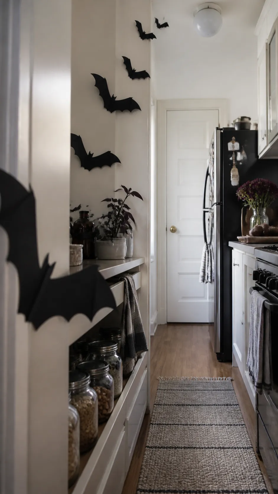 Black paper bats climbing a kitchen pantry door