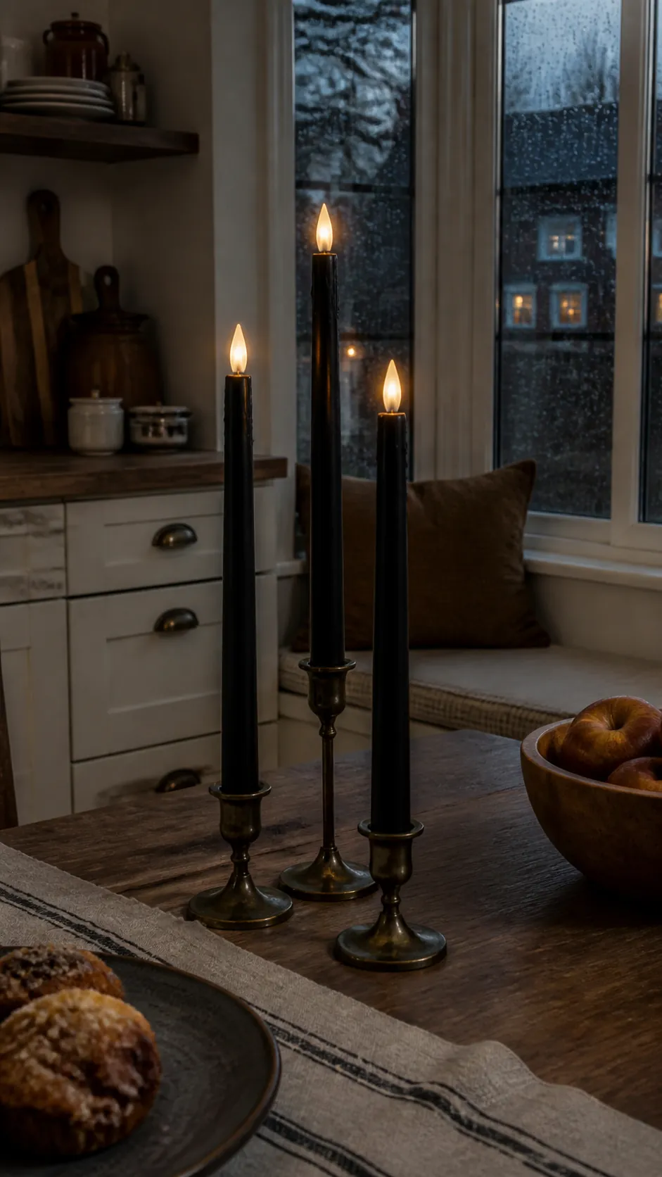 Black taper candles decorating a cozy kitchen breakfast nook