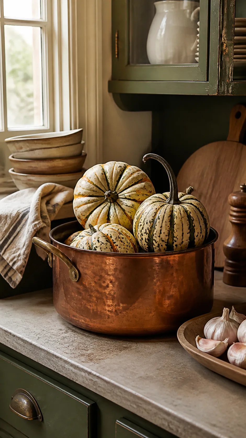 Mini pumpkins displayed in a copper pot in a kitchen