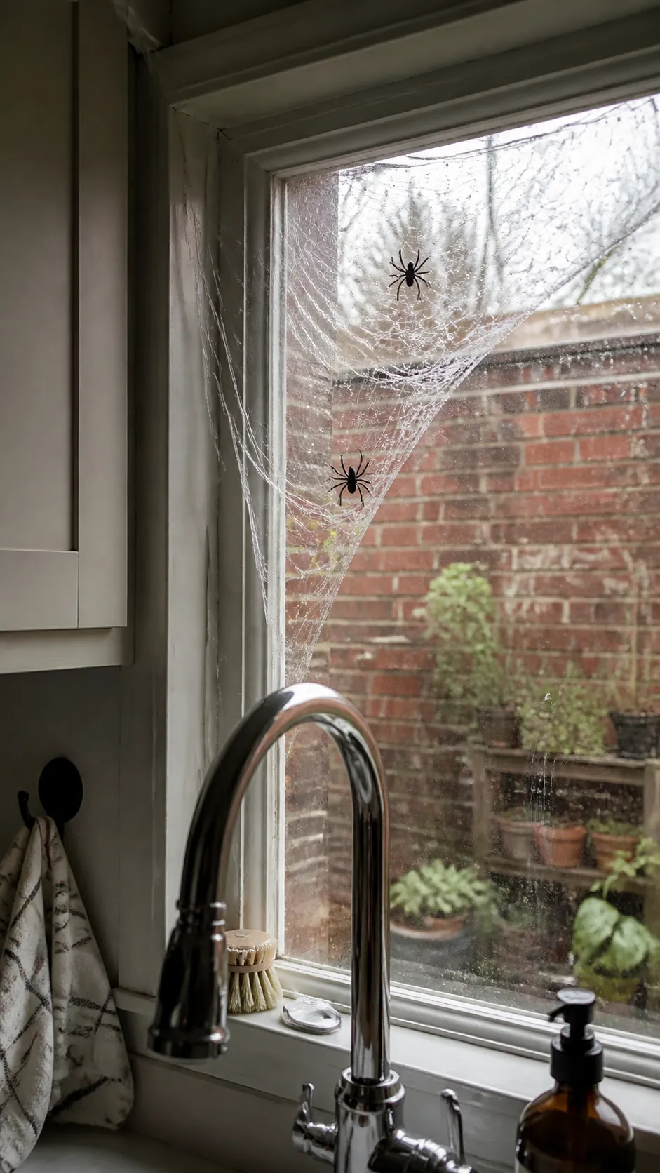 Subtle spiderweb decorations in kitchen window corners