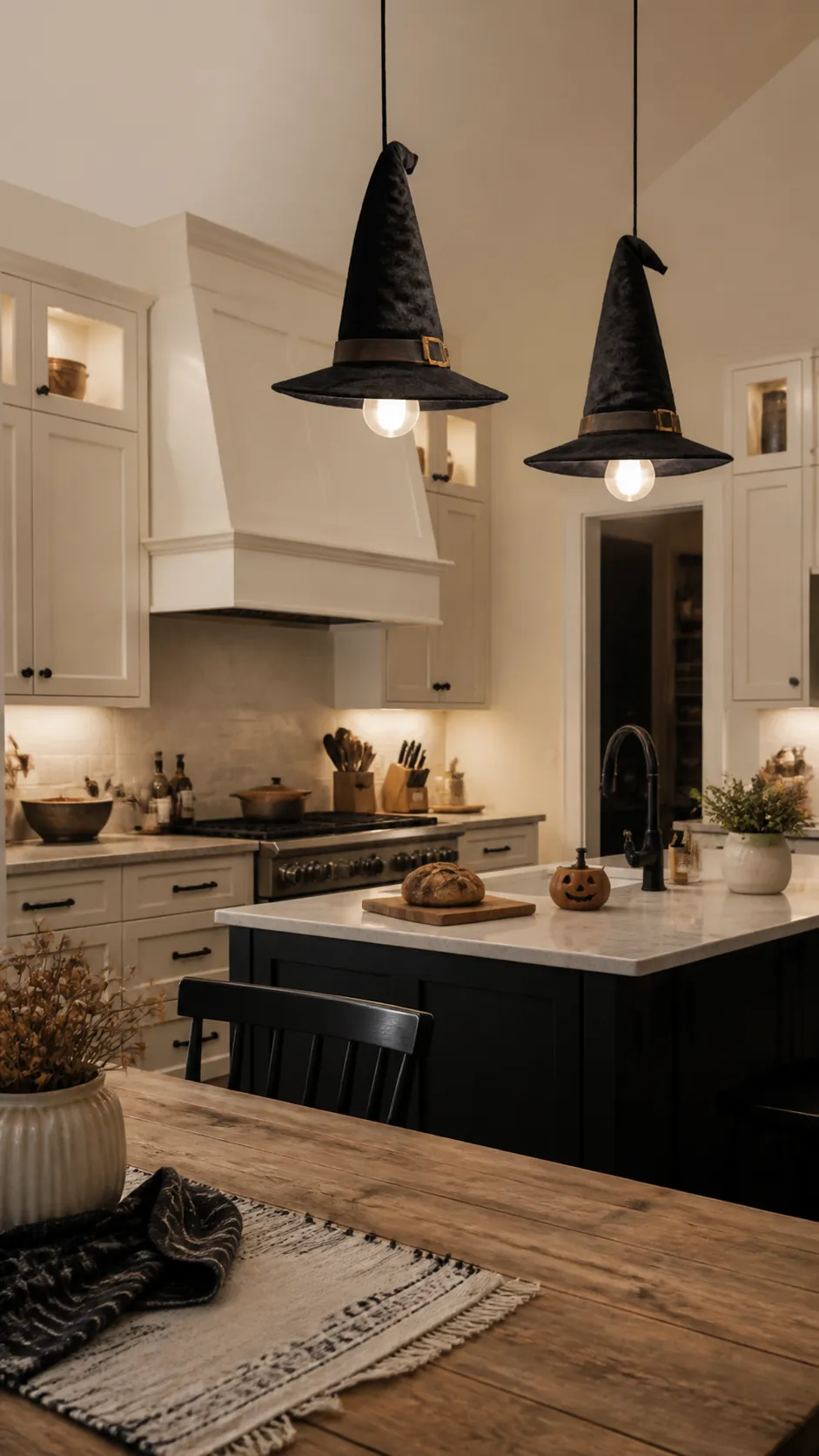 Black witch hat shades on kitchen pendant lights