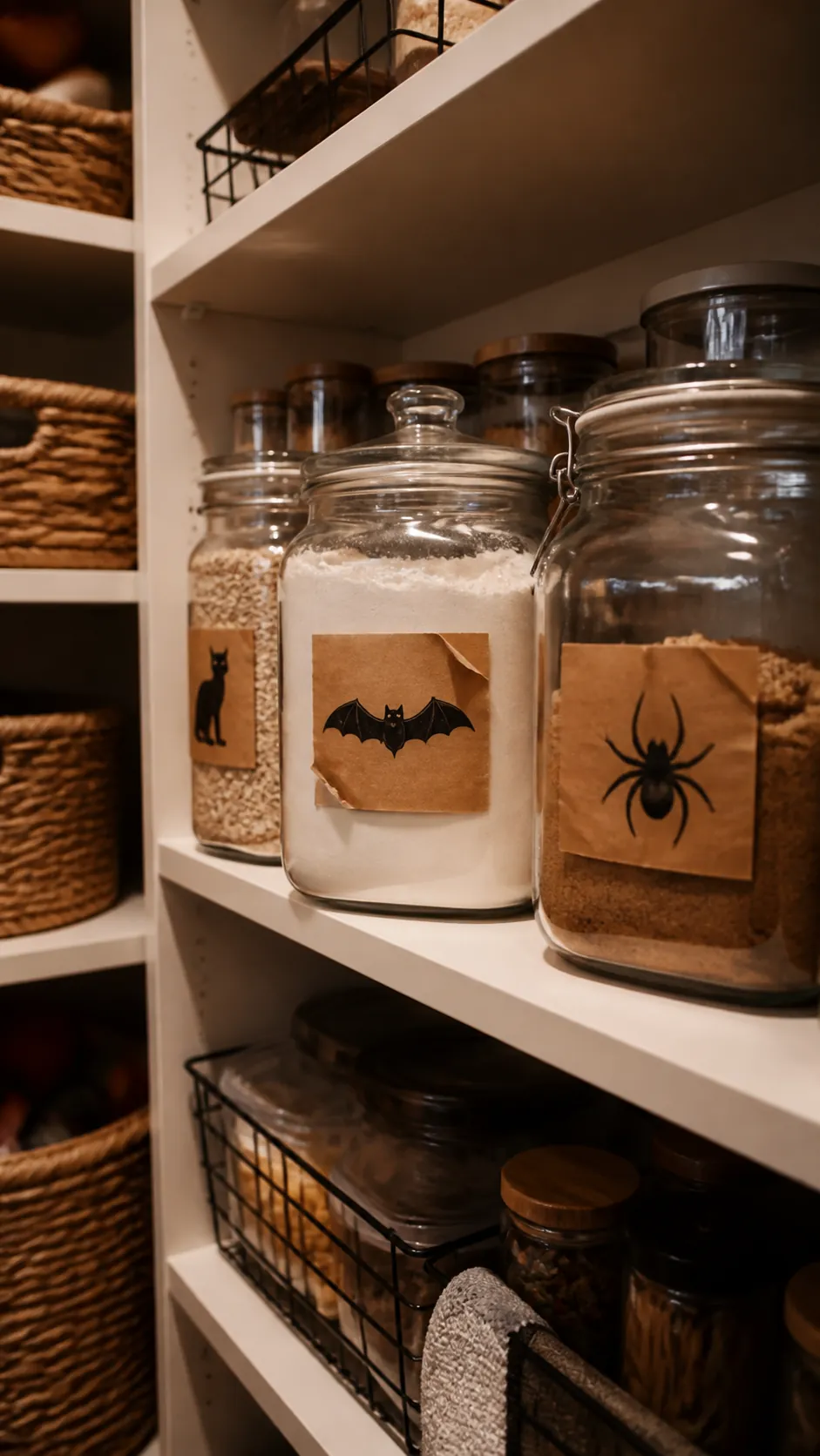 Halloween apothecary labels on clear kitchen pantry jars