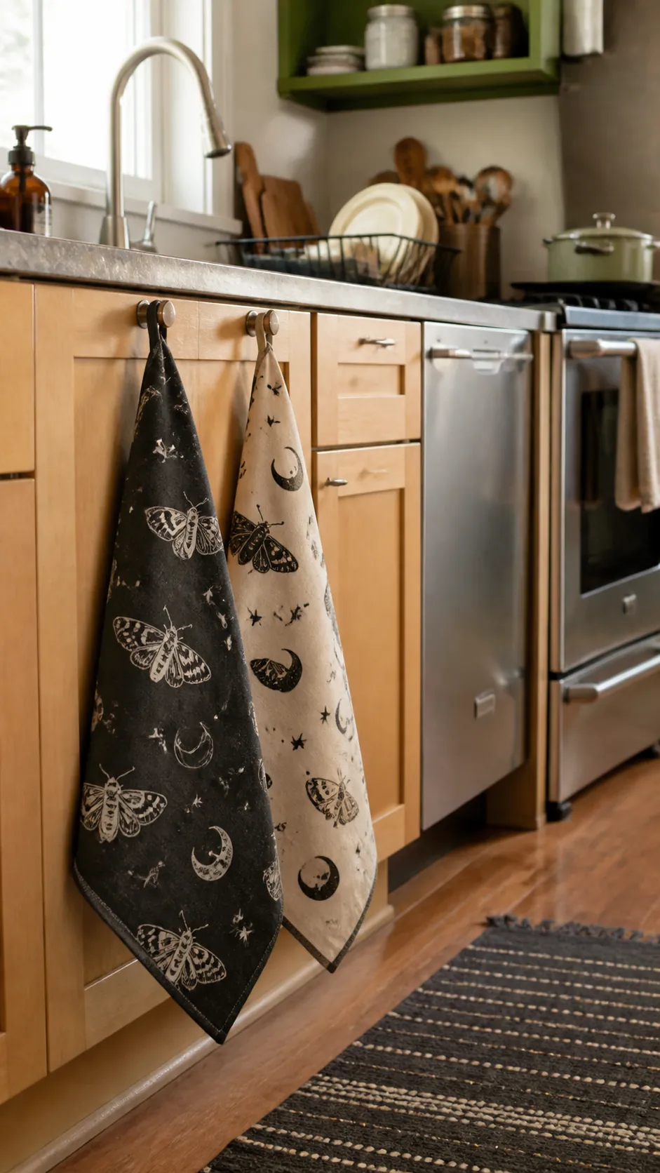 Moody botanical Halloween tea towels in a kitchen