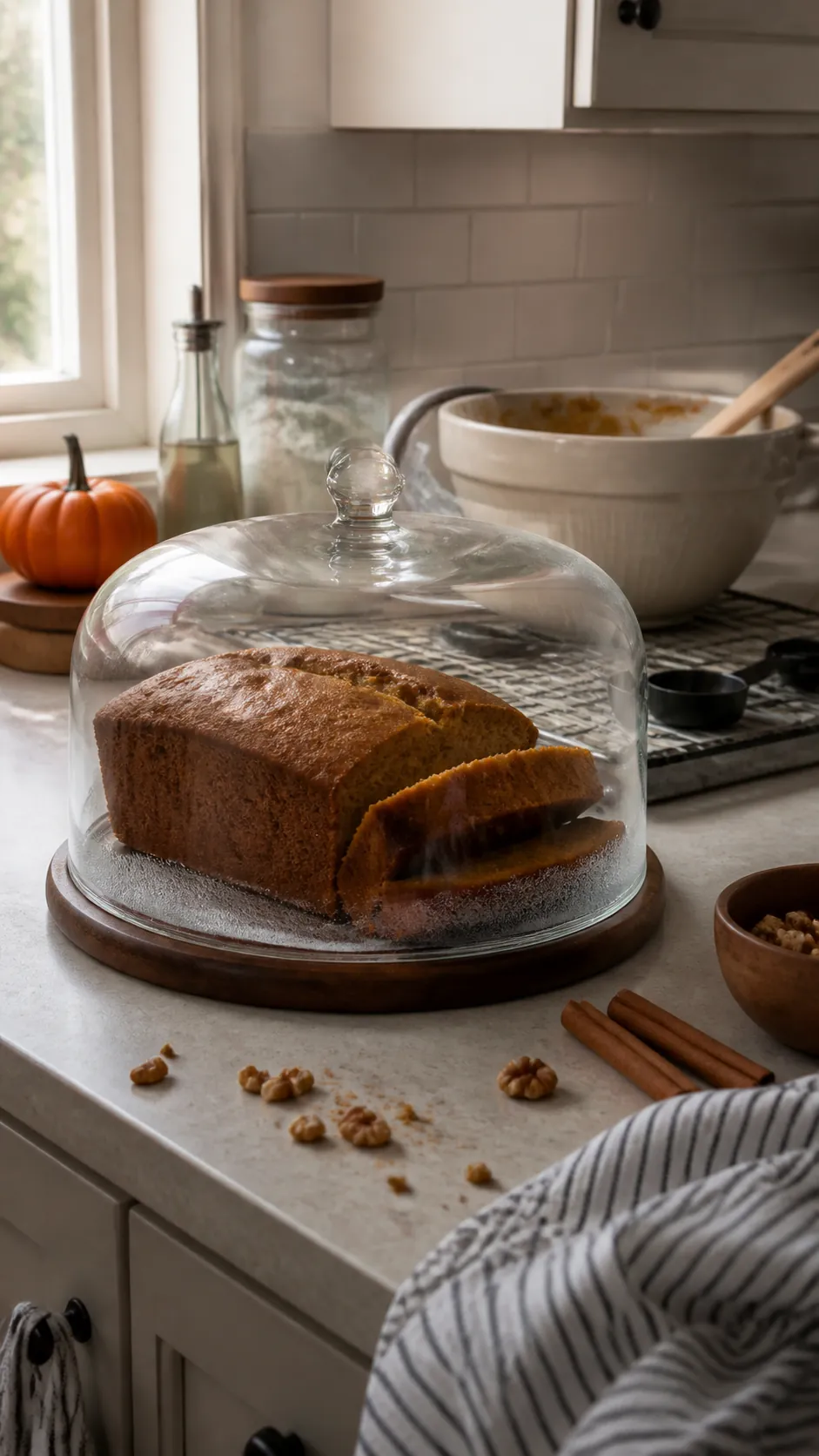 Pumpkin bread displayed under a glass cloche for Halloween
