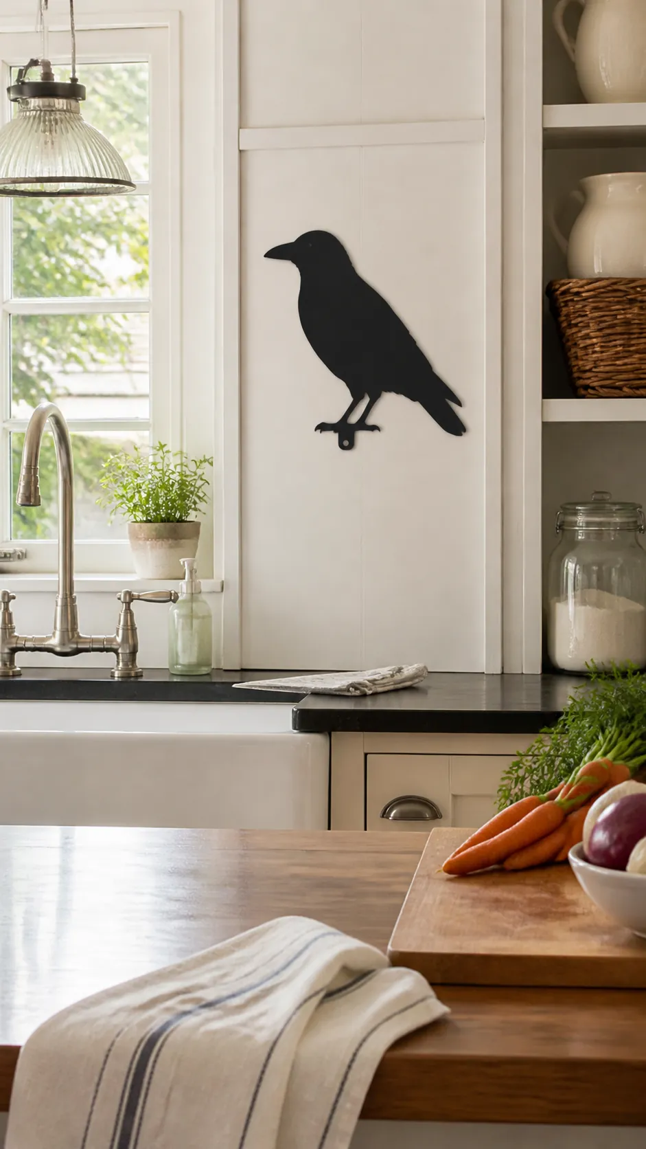 Black raven silhouette above a Halloween kitchen sink