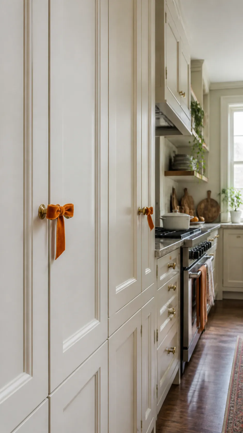 Orange velvet bows tied to kitchen cabinet knobs