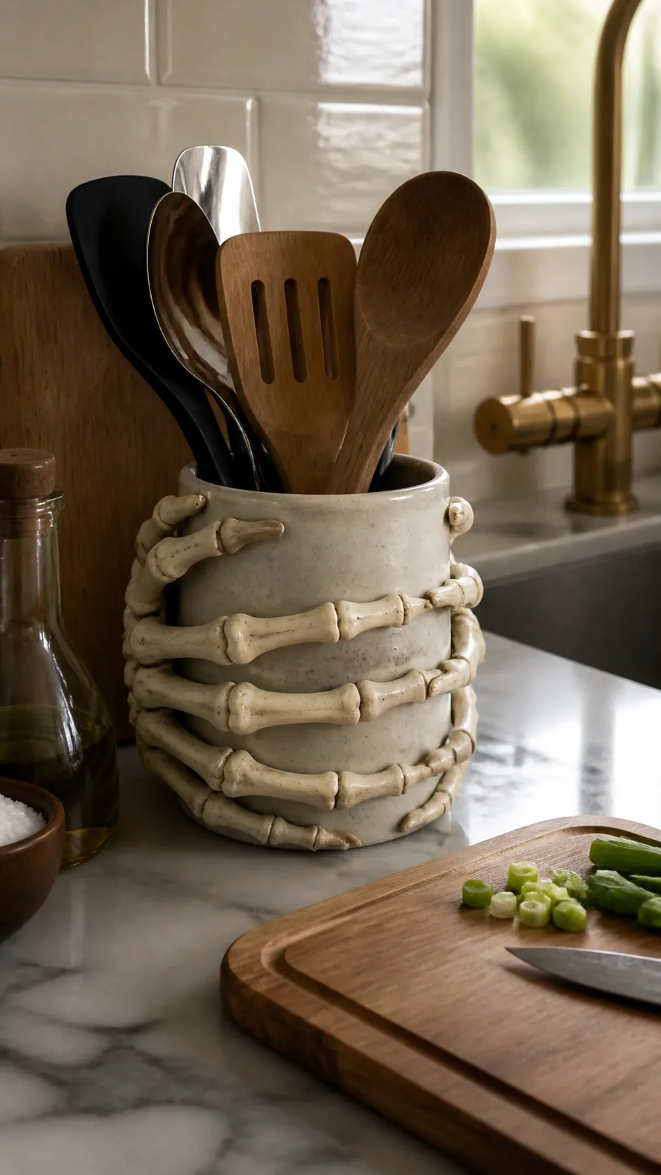 Skeleton hand wrapped around a kitchen utensil crock