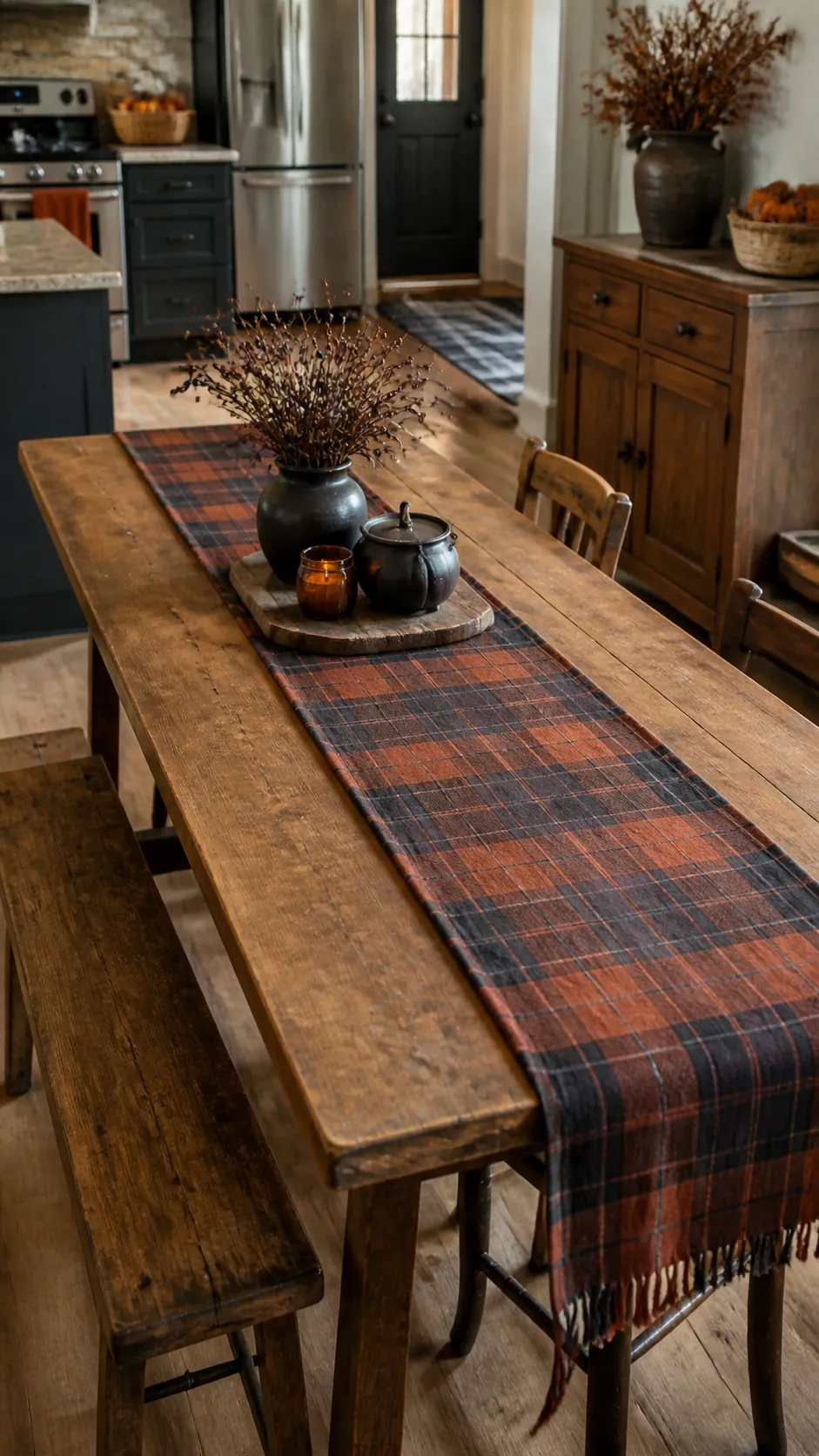 Charcoal plaid runner on a Halloween kitchen table