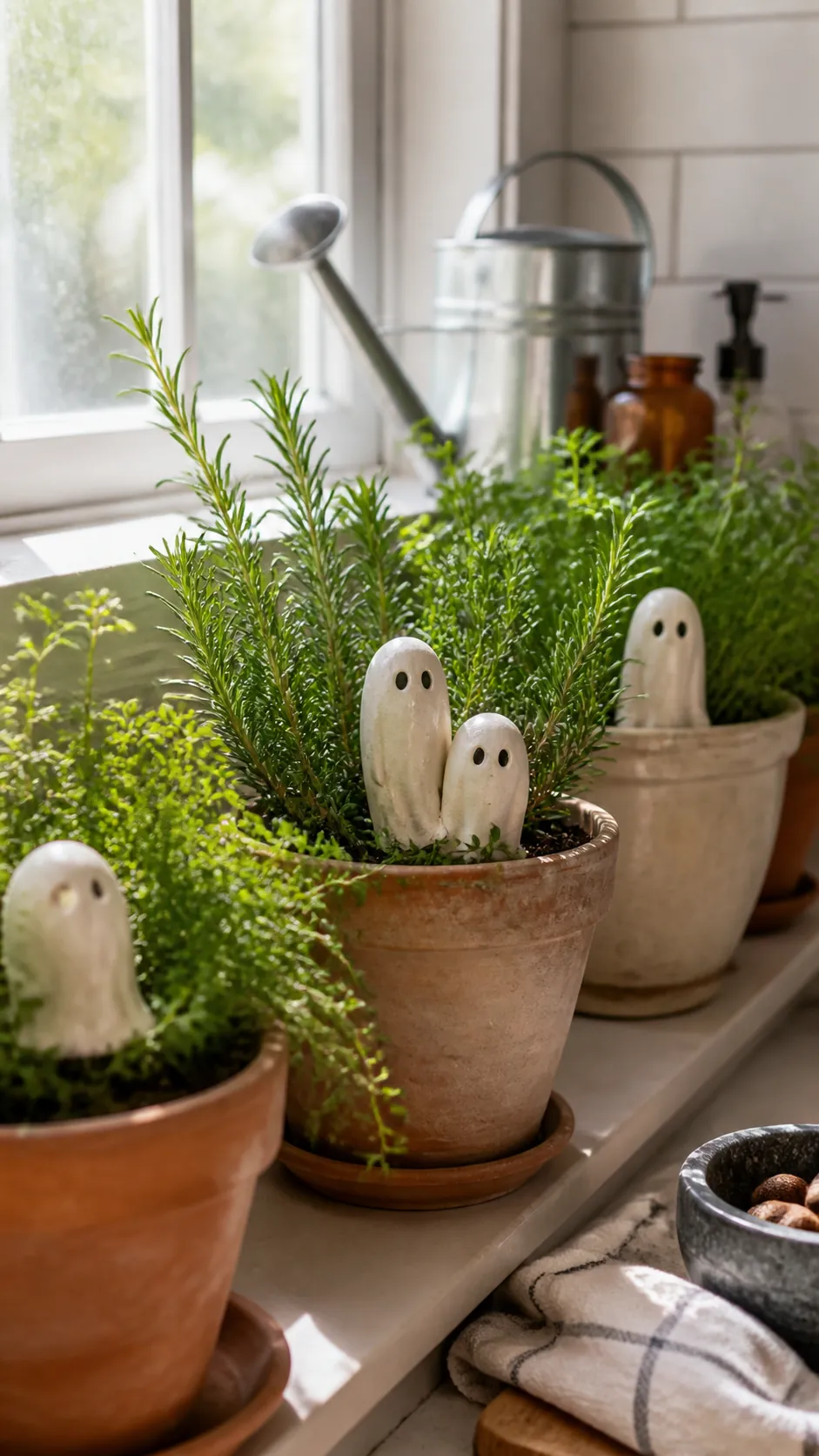 Tiny ghost decorations tucked into kitchen herb pots