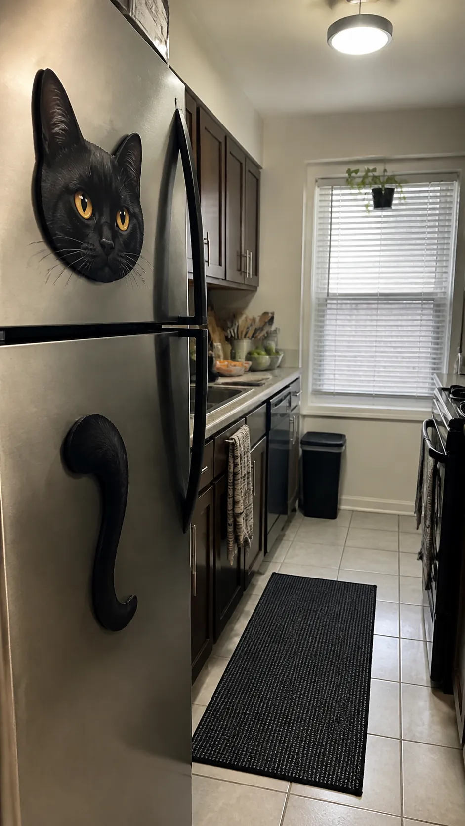 Black cat magnets decorating a kitchen refrigerator