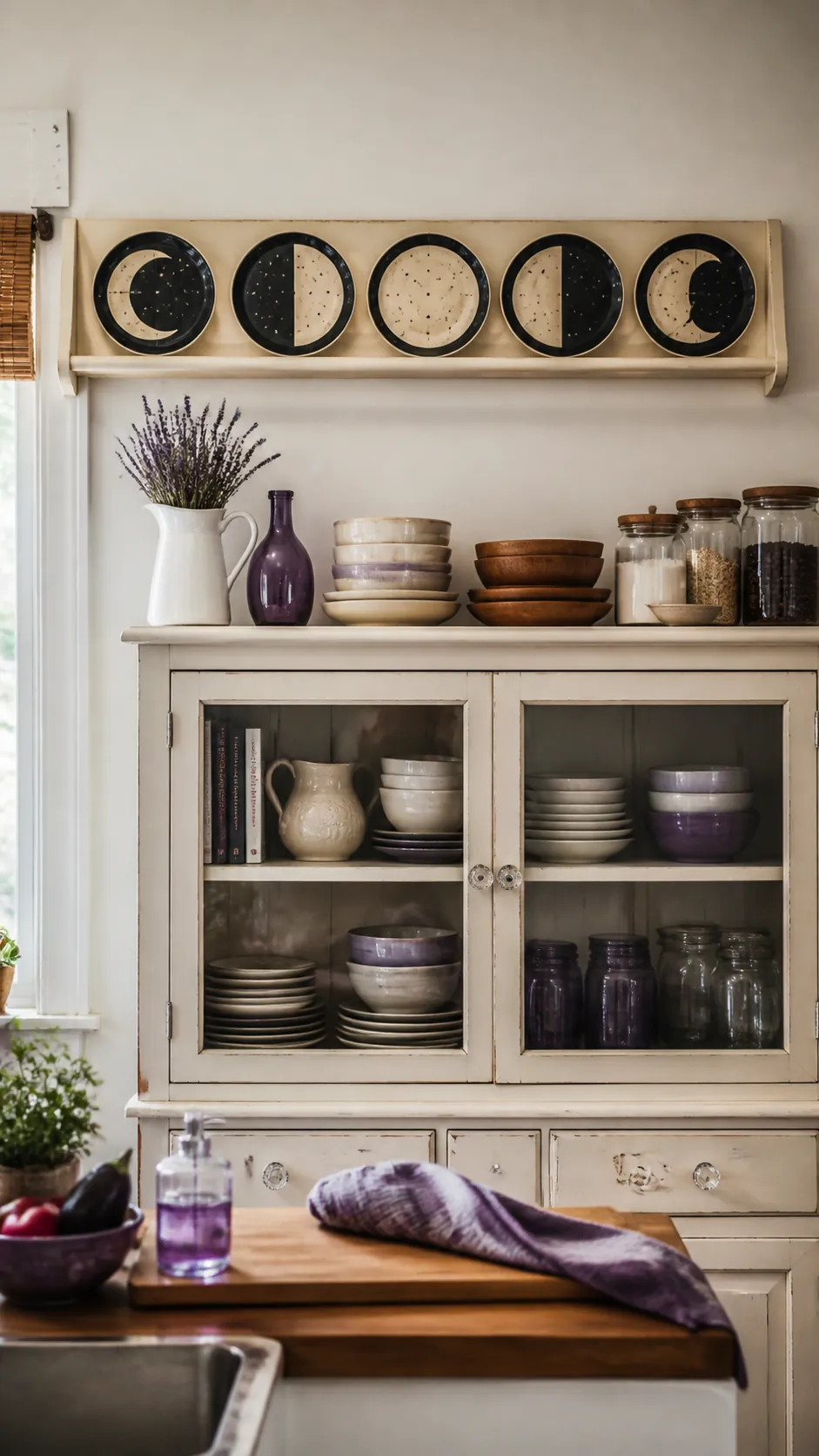 Moon phase plates displayed in a Halloween kitchen
