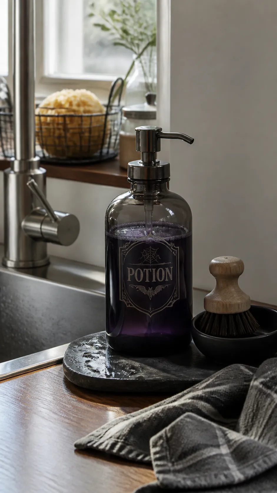 Potion bottle soap dispenser at a Halloween kitchen sink