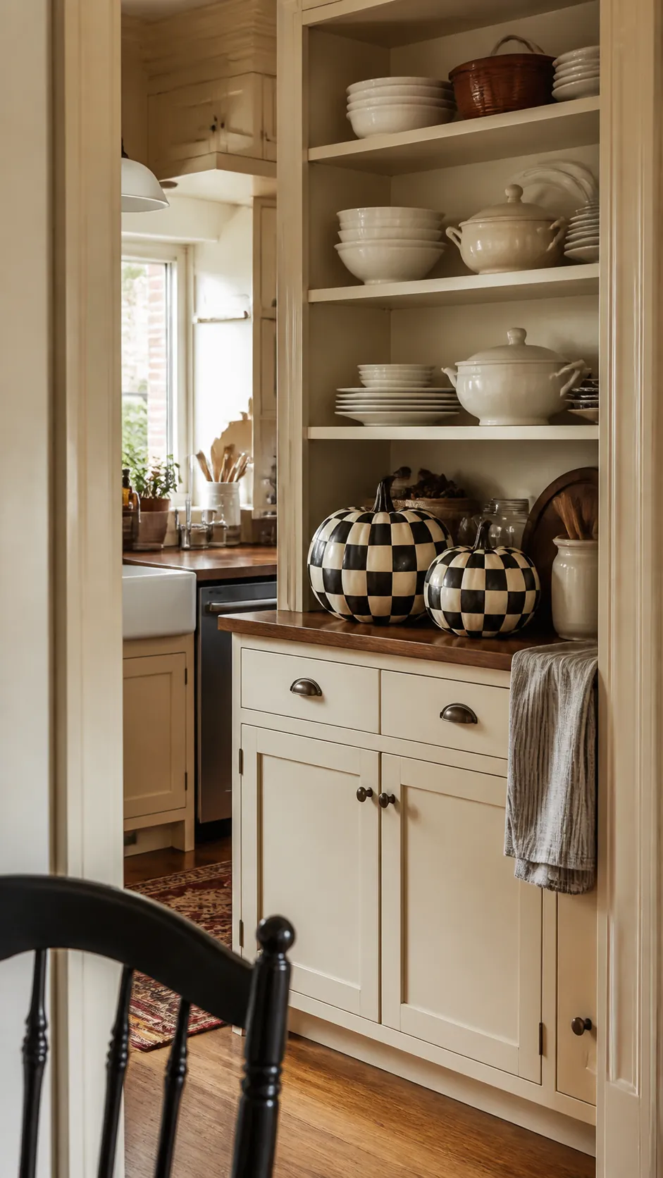 Black and cream checkerboard pumpkins on a kitchen hutch