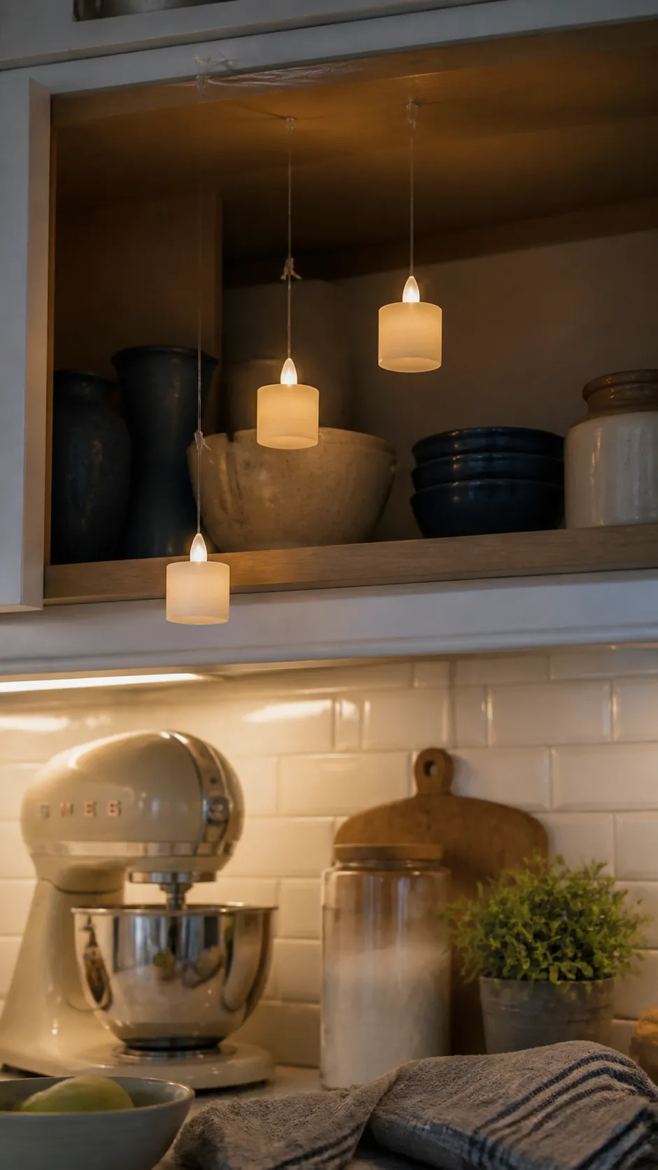 Floating battery candles near a Halloween kitchen shelf