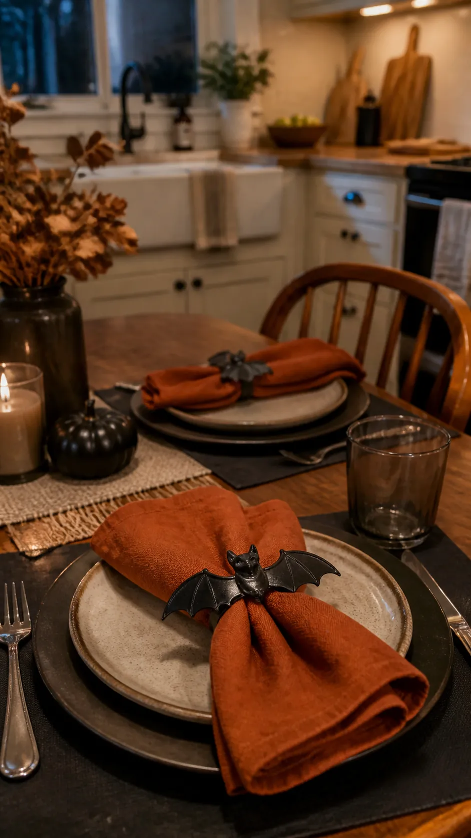 Rust napkins with bat rings on a Halloween kitchen table